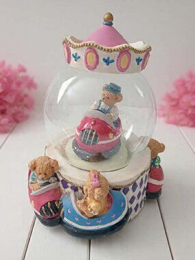 Vintage Musical Teddy Bear Snow Globe Carousel Bumper Cars 6"